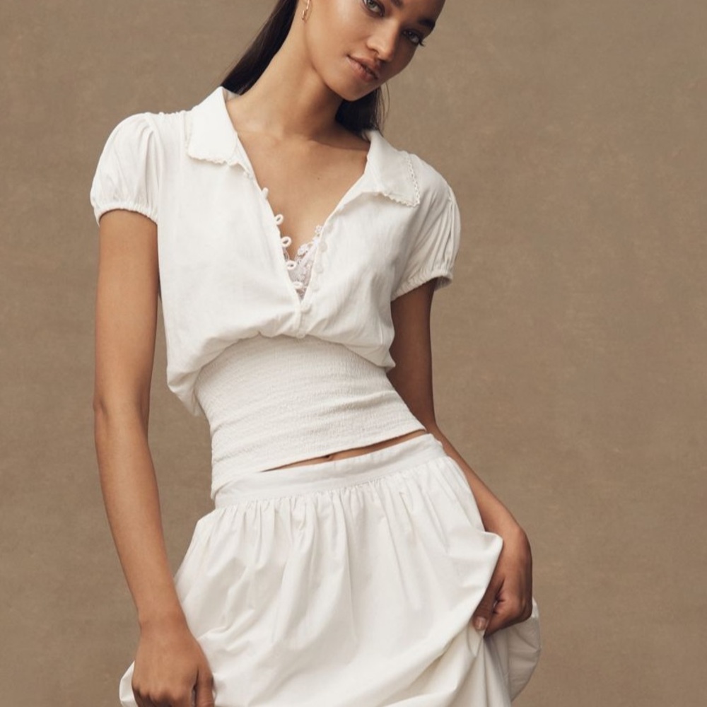 *Anthropologie Maeve Short Sleeve Collared Smocked Waist Shirt - Picture 3 of 4